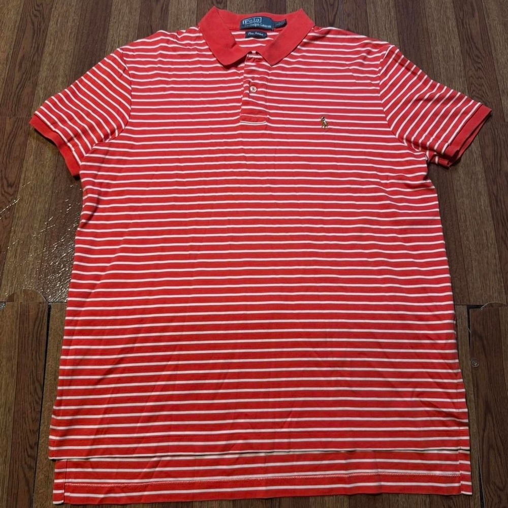Polo Ralph Lauren Red White Striped Pima Golf Polo Button Dress Shirt Large